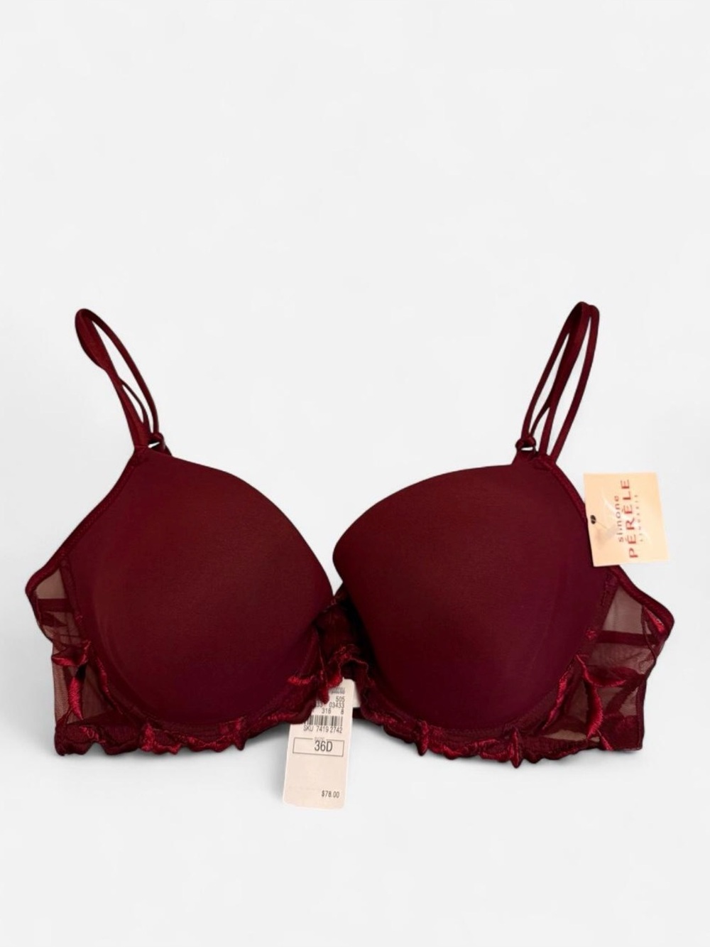 Simone Pérèle 3433 Luxury French Lingerie Bra 36D Burgundy Embroidered Mesh NWT